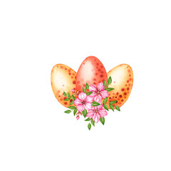 Watercolor colored Easter eggs with flowers on a white background