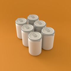 Monochrome 6 Pack Drinks Cans on a Orange Background, 3d Rendering