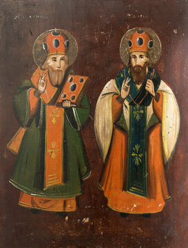 Antique Ukrainian folk icon of St. Charalambius and St. Blaise