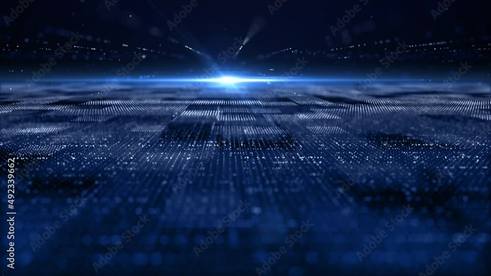 Poster digital cyberspace technology geometric blue color and light abstract background, 3d rendering anima