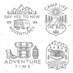 Set of camping badges, patches. Vector illustration. Concept for shirt or logo, print, stamp or tee. Vintage line art design with camping tent, forest and camper compass