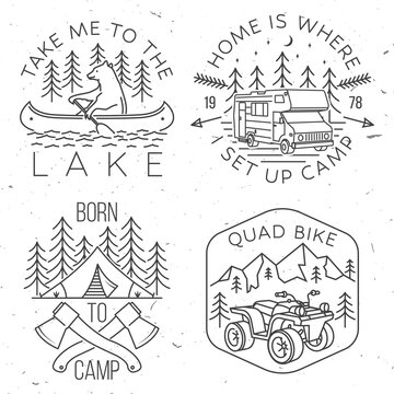 Set of camping badges, patches. Vector illustration. Concept for shirt or logo, print, stamp or tee. Vintage line art design with bear in canoe, lake and forest.