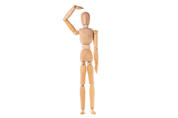 wooden man standing scratching his head isolated on white background