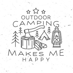 Outdoor camping make me happy. Vector. Concept for shirt or logo, print, stamp or tee. Vintage line art design with lantern and axe in stump.