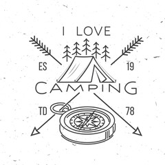 I love camping. Camping quote. Vector illustration Concept for shirt or logo, print, stamp or tee. Vintage line art design with compass, tent and forest. Summer camp.