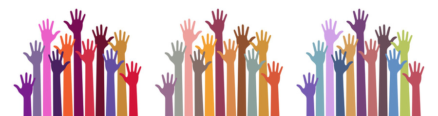 Volunteers hands up emblem icon for education, health care, medical, volunteer, vote. Caring up hands set. Bright colors. Logo design element. Vector illustration