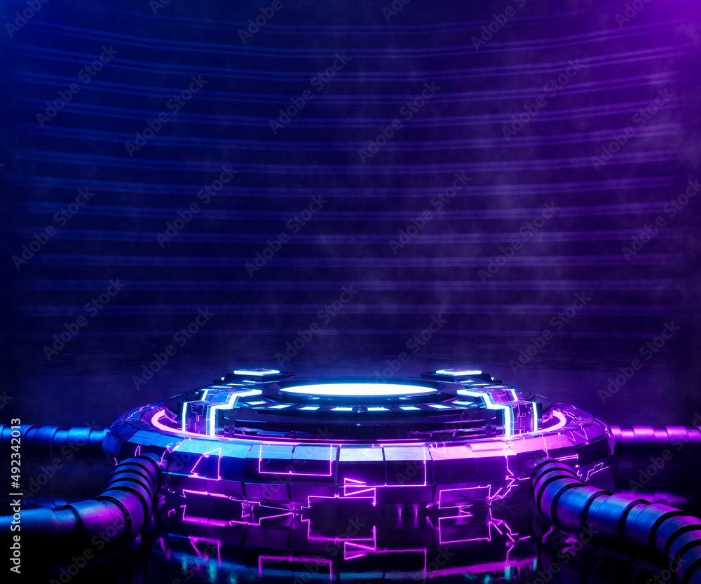 Poster 3d rendering sci-fi empty podium with blue and purple neon light for product display.