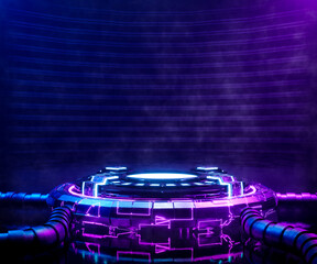3d rendering sci-fi empty podium with blue and purple neon light for product display. © pprothien
