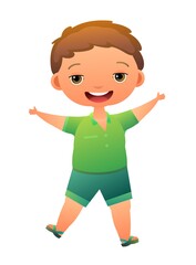 Little Boy preschooler. Person in summer clothes. In coats and slippers. Cheerful funny kid. Baby joy. Cartoon style illustration. Flat design. Cute child. Isolated on white background. Vector
