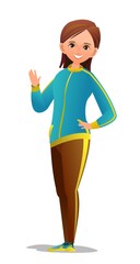 Little girl in tracksuit. Girl got ready for sports activities. Cheerful person. Standing pose. Cartoon comic style flat design. Single character. Illustration isolated on white background. Vector