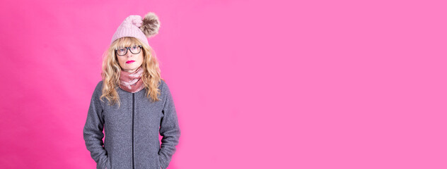 portrait of woman with hat, scarf and sweater, autumn-winter clothes