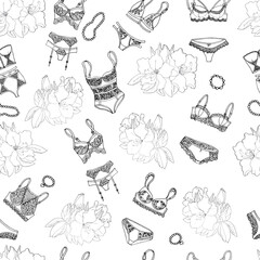 Seamless pattern of women's underwear and azalea flowers on a white background. Liner illustration.