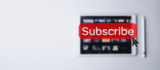 Subscribe button. Online video subscription red button. Internet service on laptop digital tablet blured banner background. Visual contents concept. Social networking service.