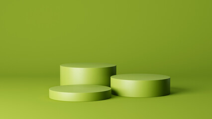 three green cylinders or coasters on a green background, three pedestals or podiums for advertising, template or source, 3d rendering