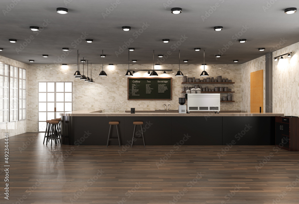 Poster cafe interior or coffee shop inside with counter bar