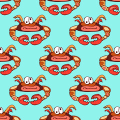 crab, cartoon, seamless pattern colored crab with a dark outline, cartoon, seamless pattern on a blue background