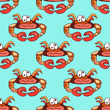 crab, cartoon, seamless pattern colored crab with a dark outline, cartoon, seamless pattern on a blue background