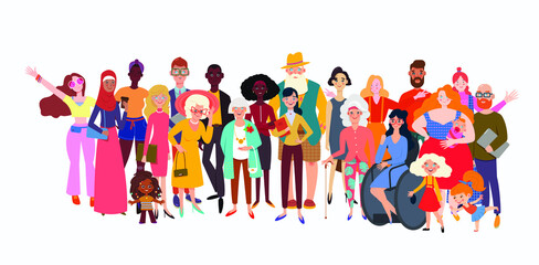 Multicultural People of different nationalities and age. Multinational society. Teamwork, cooperation, friendship concept. Society or population, social diversity. Flat vector illustration. - obrazy, fototapety, plakaty