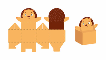 Cute party favor box hedgehog design for sweets, candies, small presents. DIY package template for any purposes, birthdays, baby shower, Christmas. Print, cutout, fold, glue. Vector stock illustration © Jexy