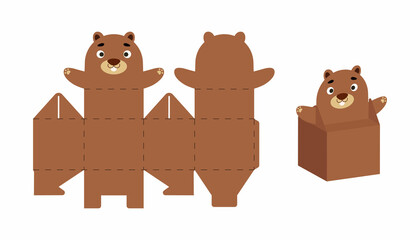 Cute party favor box beaver design for sweets, candies, small presents. DIY package template for any purposes, birthdays, baby showers, Christmas. Print, cut out, fold, glue. Vector stock illustration © Jexy