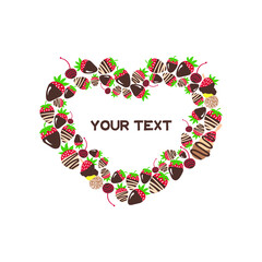 Vector chocolate sweets and strawberries frame. Strawberry in chocolate vector frame. Tasty dessert. Menu. Decoration.