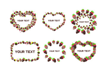 Cute lovely cards set for birthday, Valentine's Day, wedding, candy shop. Sweets, candy, fruits, chocolate, berry, strawberry, cookie, heart cookie. Romantic frames for text.