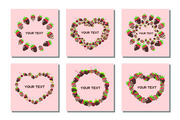 Cute lovely cards for birthday, Valentine's Day, wedding, candy shop. Sweets, candy, fruits, chocolate, berry, strawberry, cookie, heart cookie. Romantic frames for text.