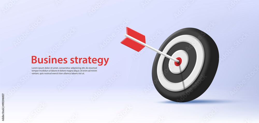 Poster business strategy web banner with 3d render target board with arrow