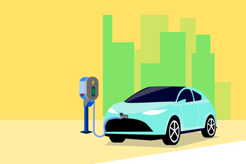 Flat design concept.EV Car Charging at station.Electric vehicle charging technology vector illustration,Isolate background.