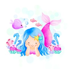 Watercolor Illustration cute Mermaid and sea animals 