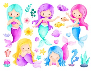 Obraz na płótnie Canvas Watercolor Illustration Mermaid and Elements 