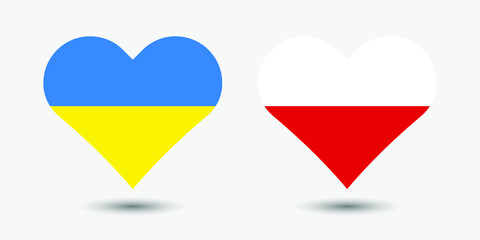 Ukrainian and Poland national flag in the heart. Heart sign vector illustration with shadow isolated on background.