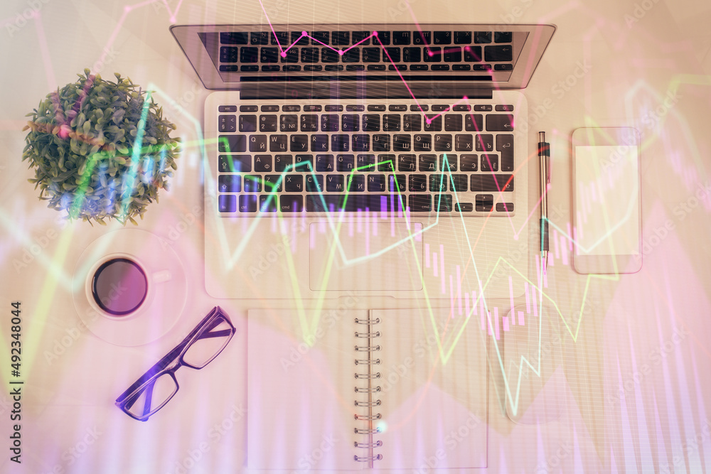 Poster multi exposure of forex chart drawing over table background with computer. concept of financial rese