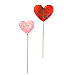 red heart shaped lollipop with herbs and pink star lollipop inside on a stick isolated on white. Gift for Valentine's Day. square format