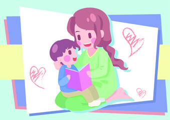 Mother and son reading books together