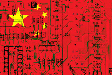 Chinese National Flag with a grunge  effect on PC circuit board
