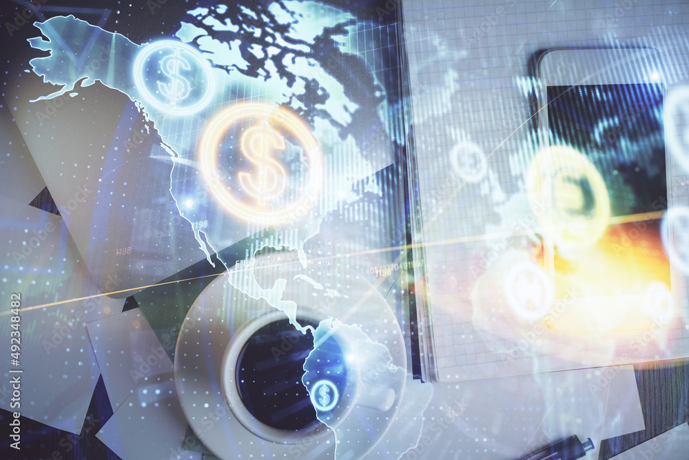 Poster multi exposure of forex graph hologram over desktop with phone. top view. mobile trade platform conc