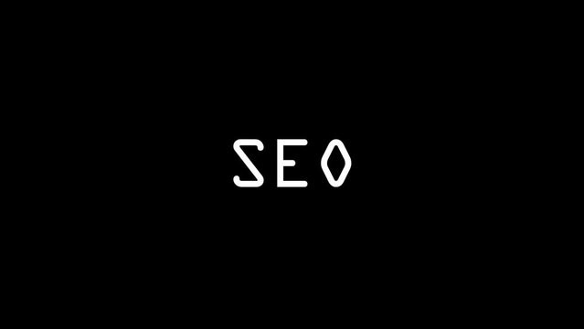 White picture of seo on a black background. enterprise, management. Distortion liquid style transition icon for your project. 4K video animation for motion graphics and compositing.