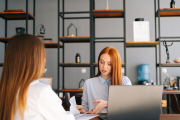Back view of two female office worker consulting other work while sitting opposite each other in...