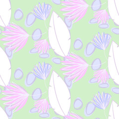 Vector seamless half-drop pattern, with leaves and flowers