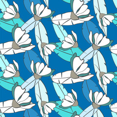 Vector seamless half-drop pattern, with leaves and flowers