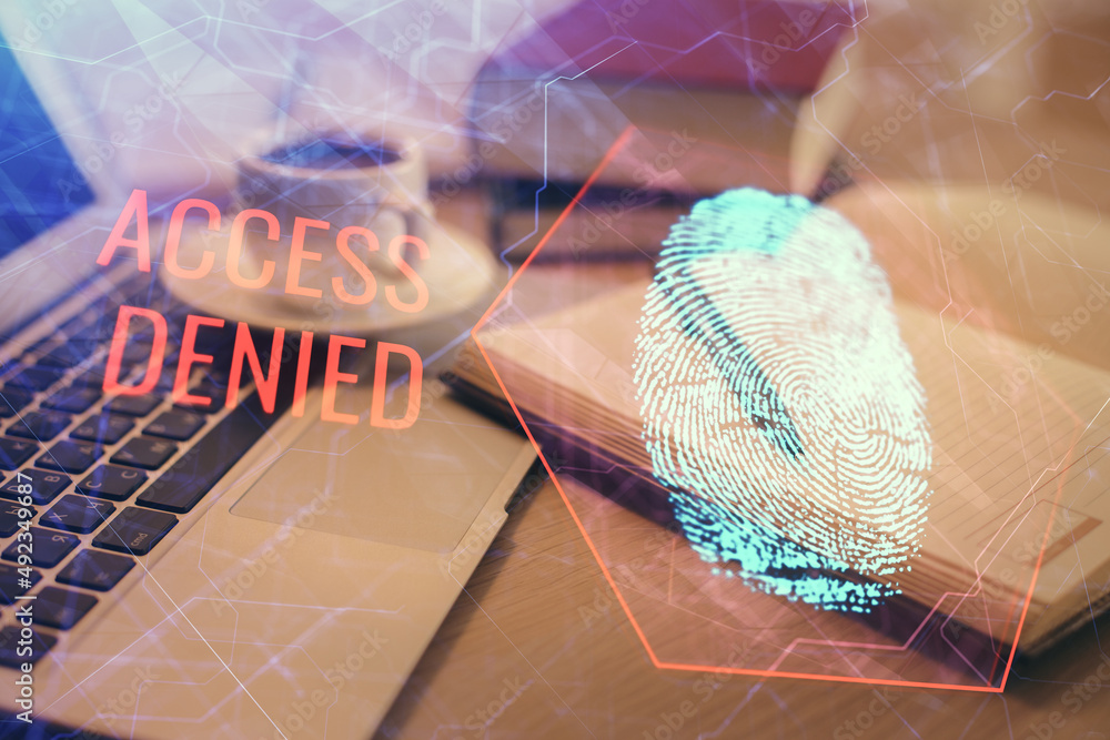 Aufkleber Double exposure of fingerprint drawing and desktop with coffee and items on table background. Concept of security.