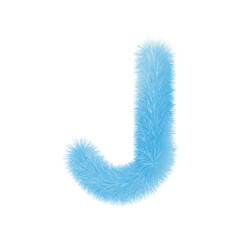 Feathered letter J font vector. Easy editable letters. Soft and realistic feathers. Blue, fluffy, hairy letter J, isolated on white background.