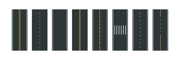 Asphalt road, highway set. Construction of track with lanes for direction. Urban traffic elements. Vector