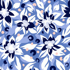 Stylized flowers. Summer floral background. Trendy flat design. Nature motif. Botanical seamless pattern made of brush strokes forming plain lush foliage plants.