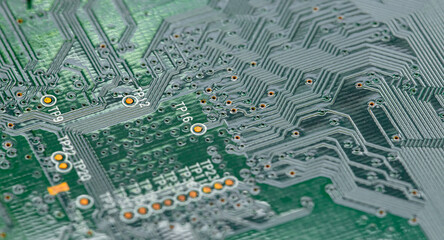 Macro Close up of printed wiring on PC circuit board.
