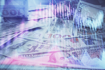 Fototapeta premium Multi exposure of forex chart drawing over us dollars bill background. Concept of financial success markets.