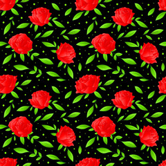 Red roses seamless pattern on black background. Vector illustration.