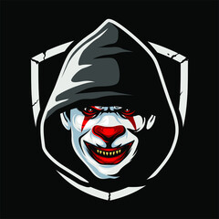 Creepy clown faces with hoodie and shield, Design element for logo, poster, card, banner, emblem, t shirt. Vector illustration - obrazy, fototapety, plakaty