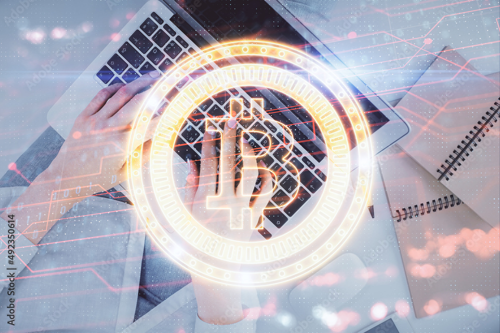 Poster double exposure of woman hands working on computer and blockchain theme hologram drawing. top view. 